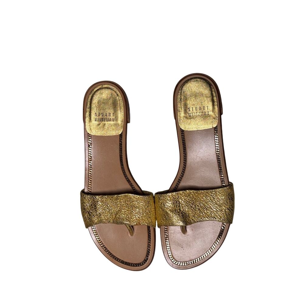 Stuart Weitzman Gold metallic thong slides, chain trim, sz 7M (unworn)